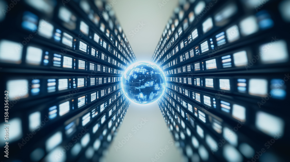 Poster central data hub: the image depicts a central, glowing sphere of energy within a high-tech server ro