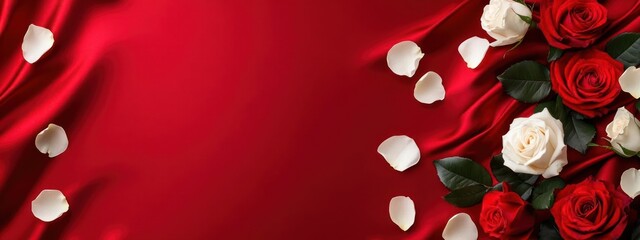 Red and white roses with petals on a red background.