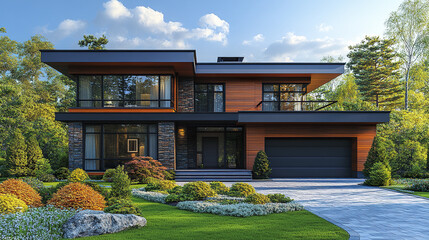 Modern house exterior with wood and stone facade, large windows, and landscaped garden under bright blue sky with clouds, surrounded by green trees and shrubs