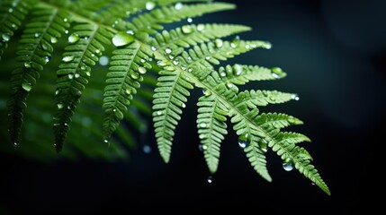 Dew-kissed fern leaf, vibrant green against dark background.