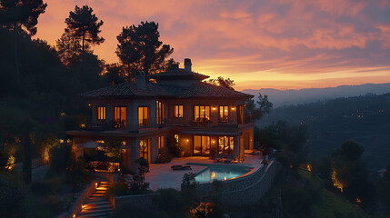 Luxury villa at dusk with warm interior lights glowing, surrounded by trees and overlooking scenic valley under colorful sunset sky, creating peaceful and inviting atmosphere