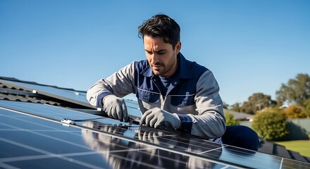 Electrician Connecting Solar Panels on Rooftop