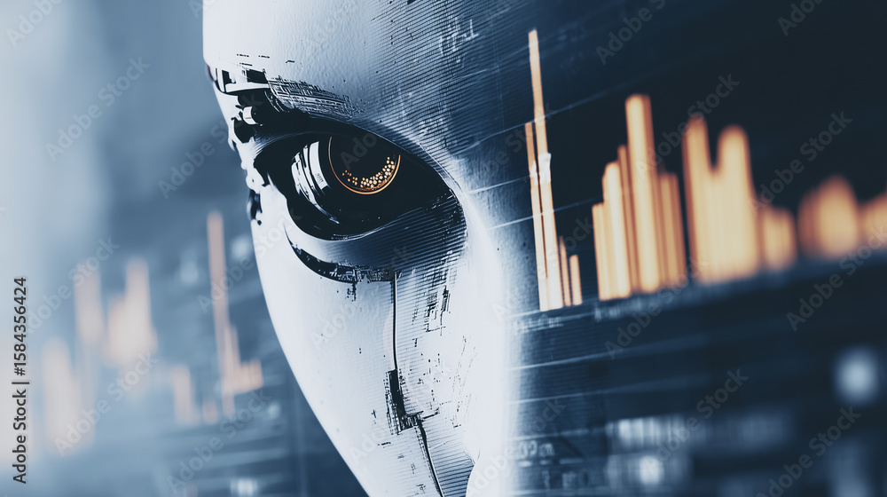Poster ai data analysis: a close-up depiction of an artificial intelligence system's eye, its gaze fixed up