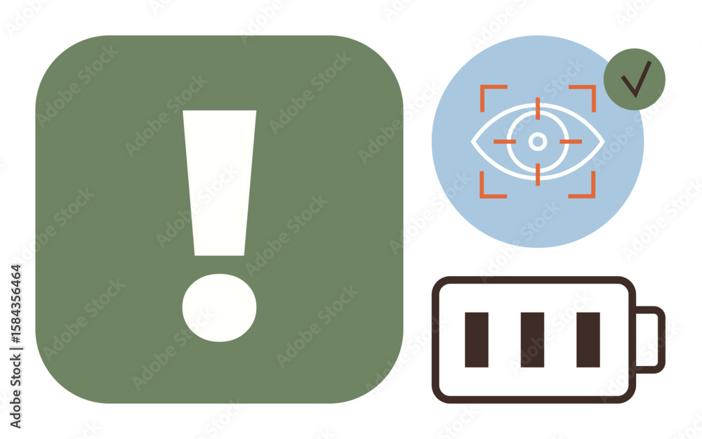 Poster exclamation mark in green square, eye with focus reticle and checkmark, battery icon with three bars