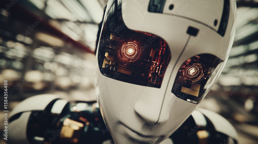 Poster robotic gaze: a closeup of an androgynous robot, its face a smooth blend of white and black panels. 