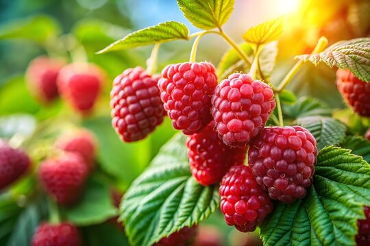 Sun kissed ripe raspberries clustered on a branch with vibrant green leaves and soft bokeh background