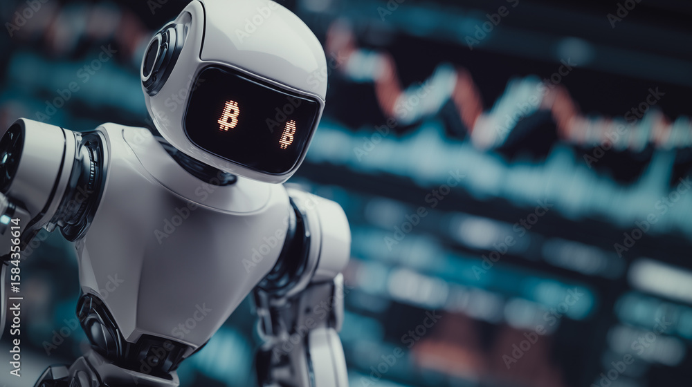 Poster ai robot and stock market data: a close-up shot of a small, retro-style robot against a blurred back