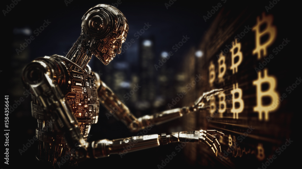 Poster digital automation: a futuristic robot, immersed in the digital realm, interacts with bitcoin symbol