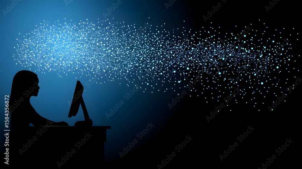 Poster silhouette of a child using a computer with digital network graphic.