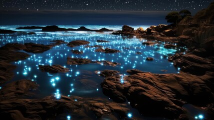 Magical bay at night, bioluminescence, rocks, stars.