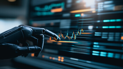 Digital Precision: An advanced robotic hand interacts seamlessly with a digital screen showcasing intricate financial data, symbolizing technological progress and innovation.