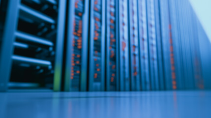 Server Room Data Center: Rows of powerful servers hum with activity in a modern data center, showcasing the intricate network infrastructure essential for today's digital world.