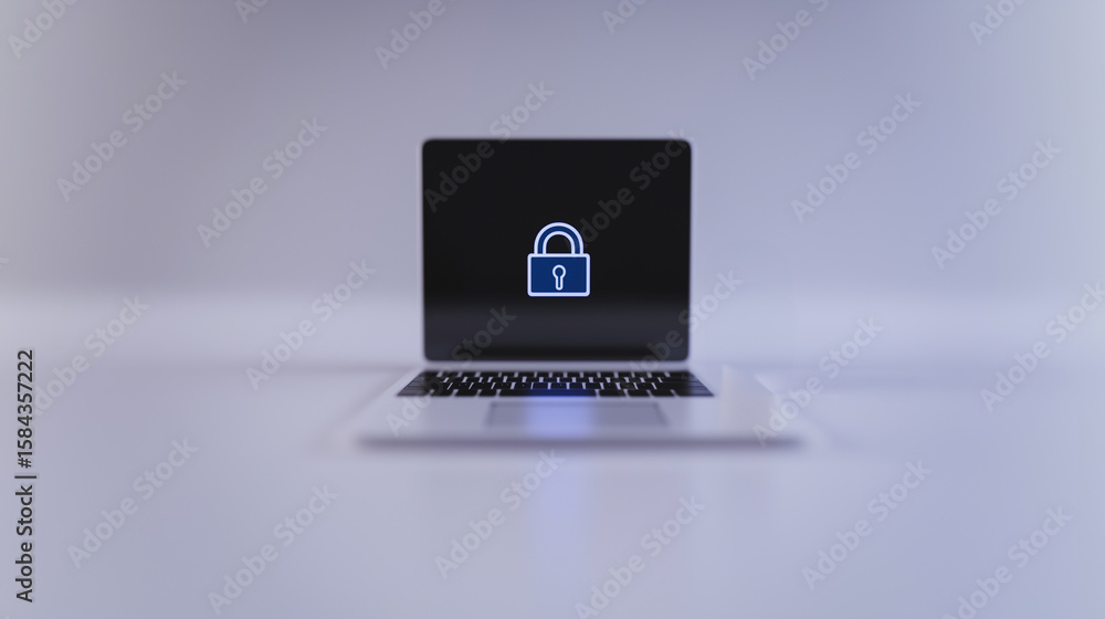 Poster secure digital sanctuary: a laptop displays a lock icon, symbolizing data security, digital safety, 