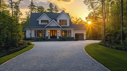 White exterior front entrance residential house with large driveway and green lawn surrounded by tall trees at sunset with warm sunlight creating peaceful atmosphere