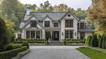 White exterior of front entrance of residential house with black framed windows and manicured garden in autumn season