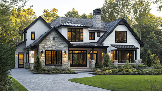 White modern house home beautiful farmhouse cottage exterior with stone wall and large windows surrounded by green lawn and trees in peaceful natural setting