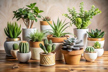 A diverse collection of potted succulents and cacti arranged artfully on a wooden surface