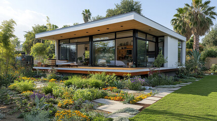 Modern prefabricated house with large glass windows surrounded by colorful garden and lush greenery, featuring wooden deck and tropical palm trees under clear sky