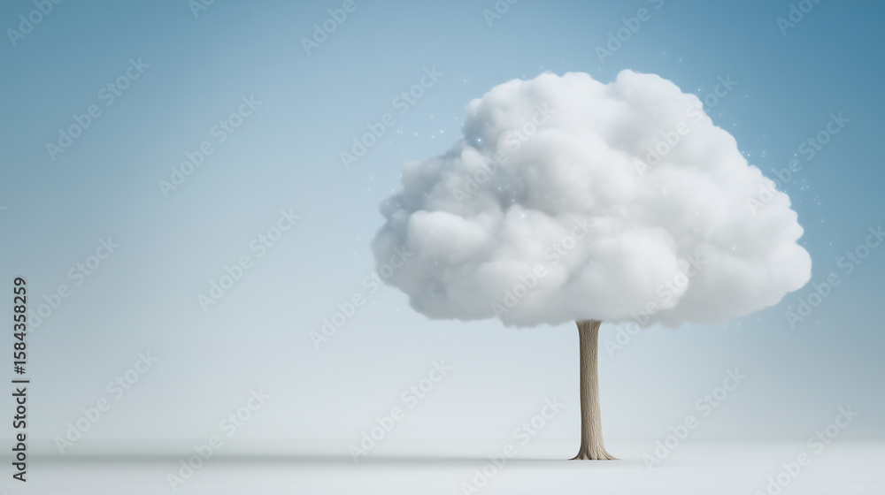 Poster cloud tree: an artistic representation of a tree with a cloud for its canopy stands serenely against