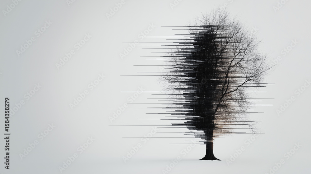 Poster ephemeral tree: a stark monochrome image of a lone tree, its form blurred by a sense of movement, ev