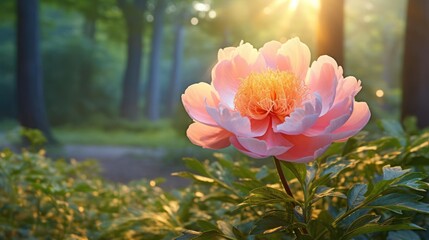 Pink peony flower blooming in a sunlit forest.