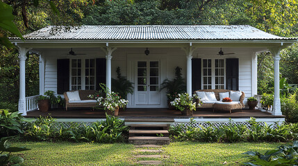 White timber house with shutters and veranda surrounded by lush green garden and comfortable wicker furniture creating peaceful and inviting outdoor space