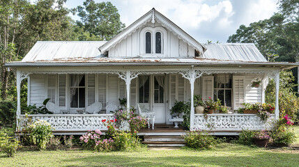 White timber house with shutters and veranda surrounded by lush garden and colorful flowers under partly cloudy sky, creating peaceful and charming rural scene