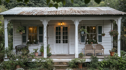 White timber house with shutters and veranda surrounded by lush greenery and potted plants, featuring wicker chairs and hanging flower baskets creating cozy outdoor space