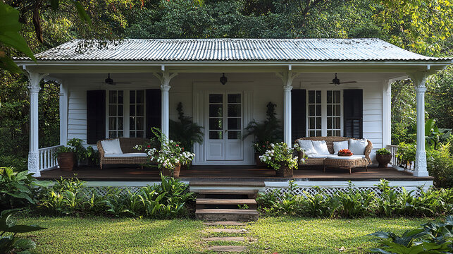 White timber house with shutters and veranda surrounded by lush green garden and comfortable wicker furniture creating peaceful and inviting outdoor space