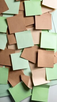 Overhead shot of scattered pastel green, brown and beige square sticky notes, creating a textured paper background.