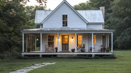 White wooden house with large porch and rocking chairs glowing warmly in evening light surrounded by green grass and dense trees creating peaceful rural atmosphere