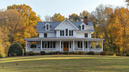 White wooden house with large porch surrounded by autumn trees and green lawn, peaceful rural setting with clear sky and warm natural light