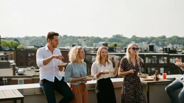Friends Enjoying Rooftop Lunch with City View
