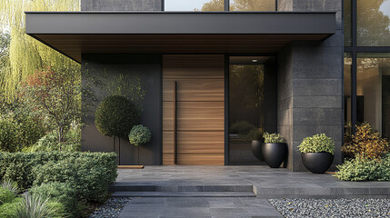 Modern wooden entrance door with large handle on contemporary house surrounded by green plants and stone tiles, creating calm and inviting atmosphere