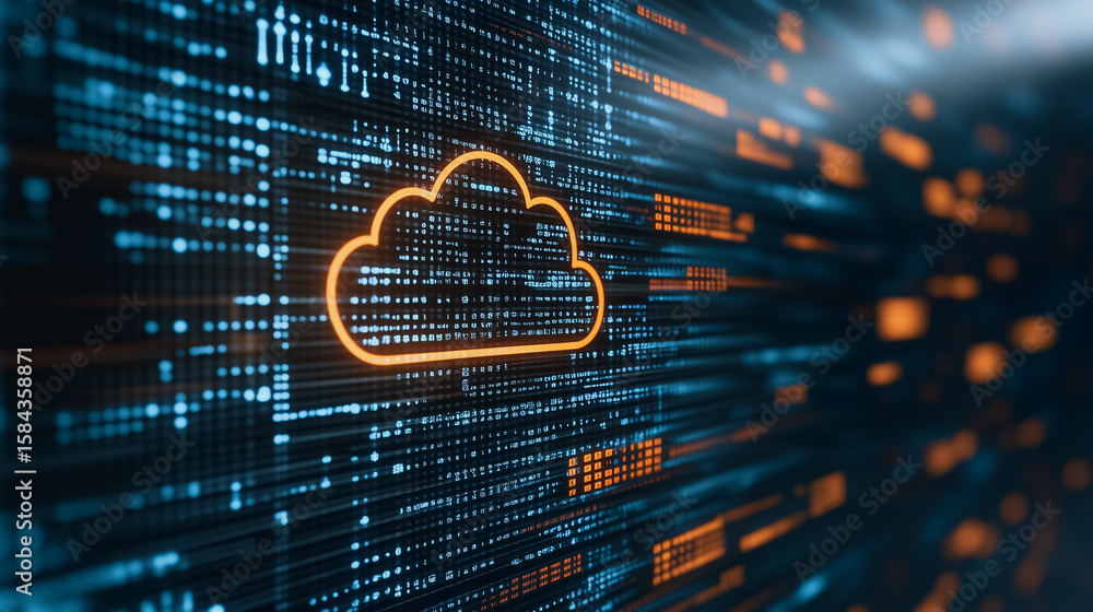 Poster cloud computing data: a visual representation of cloud computing technology, with a cloud icon integ
