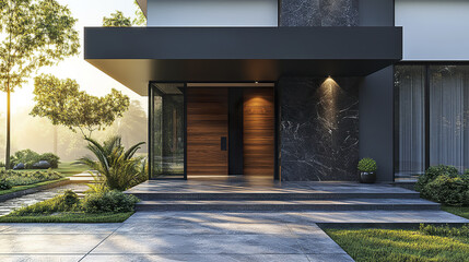 Modern house entrance with wooden door and stone wall under soft morning light, surrounded by green plants and trees creating peaceful and inviting atmosphere