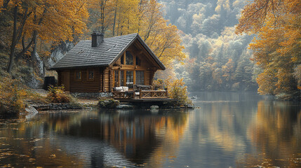 Wooden cabin by calm lake surrounded by autumn forest with golden leaves reflecting on water, peaceful nature scene with cozy outdoor seating on deck