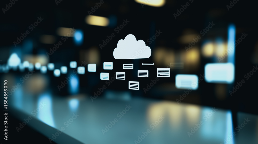 Poster cloud data transfer: digital data flows from a cloud storage symbol, representing seamless data tran