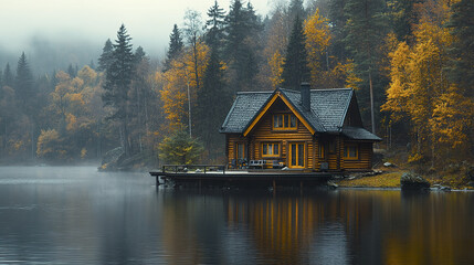Cozy wooden cabin by calm lake surrounded by autumn forest with colorful yellow and orange leaves and misty atmosphere creating peaceful and serene mood