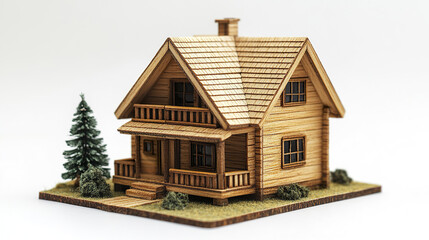 Wooden house model with detailed roof and porch on small base with trees and grass, showcasing craftsmanship and rustic charm in miniature architectural design