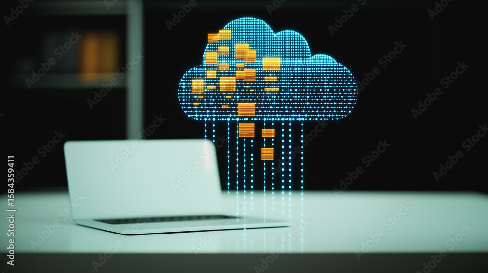 Poster cloud computing: digital transformation, a laptop connected to a glowing cloud graphic, symbolizing 