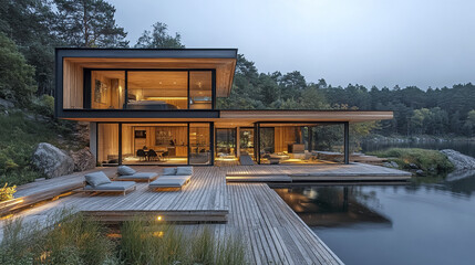 Modern wooden house with large glass windows and terrace over calm lake surrounded by forest, creating peaceful and cozy atmosphere at dusk