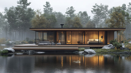 Modern wooden house with large glass windows and terrace by calm lake in misty forest, warm interior lighting creating cozy and peaceful atmosphere in natural setting