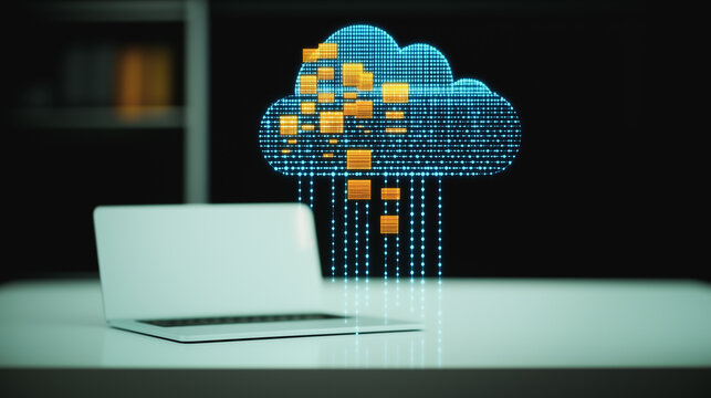 Cloud Computing: Digital transformation, a laptop connected to a glowing cloud graphic, symbolizing the power of seamless data access and connectivity.