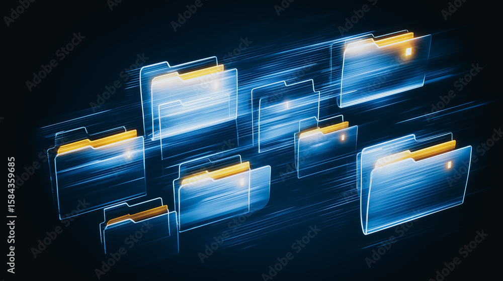 Poster data stream: a visually striking image featuring glowing folders symbolizing the seamless flow of di