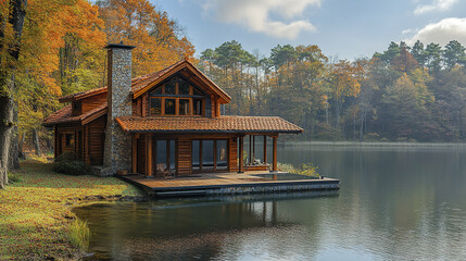 Wooden house with terrace over calm lake surrounded by autumn forest and colorful trees under cloudy sky creating peaceful atmosphere