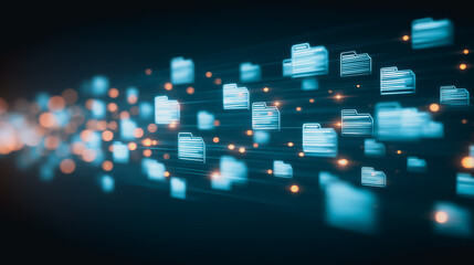 Digital Data Stream: Futuristic file icons soar through a cyber-space, embodying the essence of seamless digital data flow, transfer, and cloud computing.