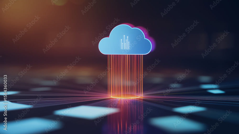 Poster digital cloud data stream: a digital cloud icon rains data streams, symbolizing the flow of informat