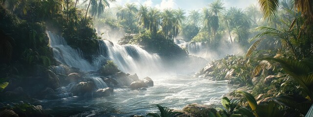 Lush jungle waterfall cascading into a vibrant river.