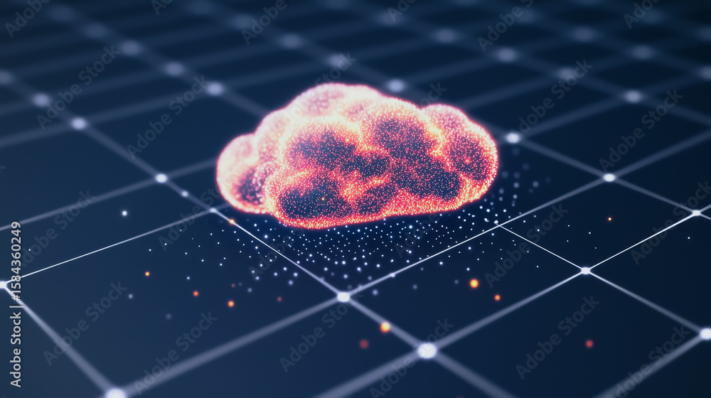 Poster Cloud data visualization: A conceptual rendering of a glowing, cloud-like structure set against a grid, symbolizing data storage and digital connectivity.